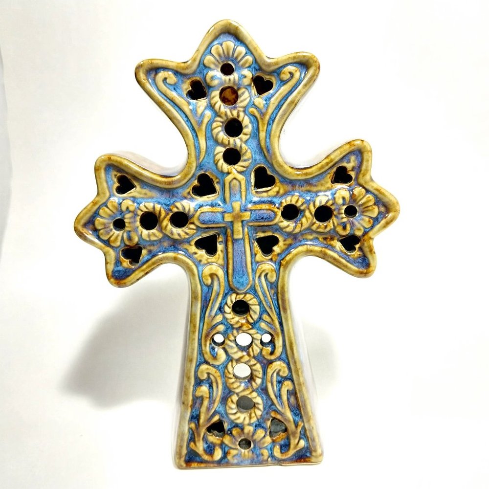 Vintage Ceramic Blue‎ Religious Cross Tea Light Candle holder #1299